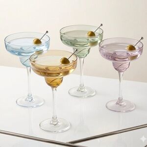 Set of 4 Vintage Hand-Blown Multi-Color Coupes/Martini Glasses 7”x 4”x 3”